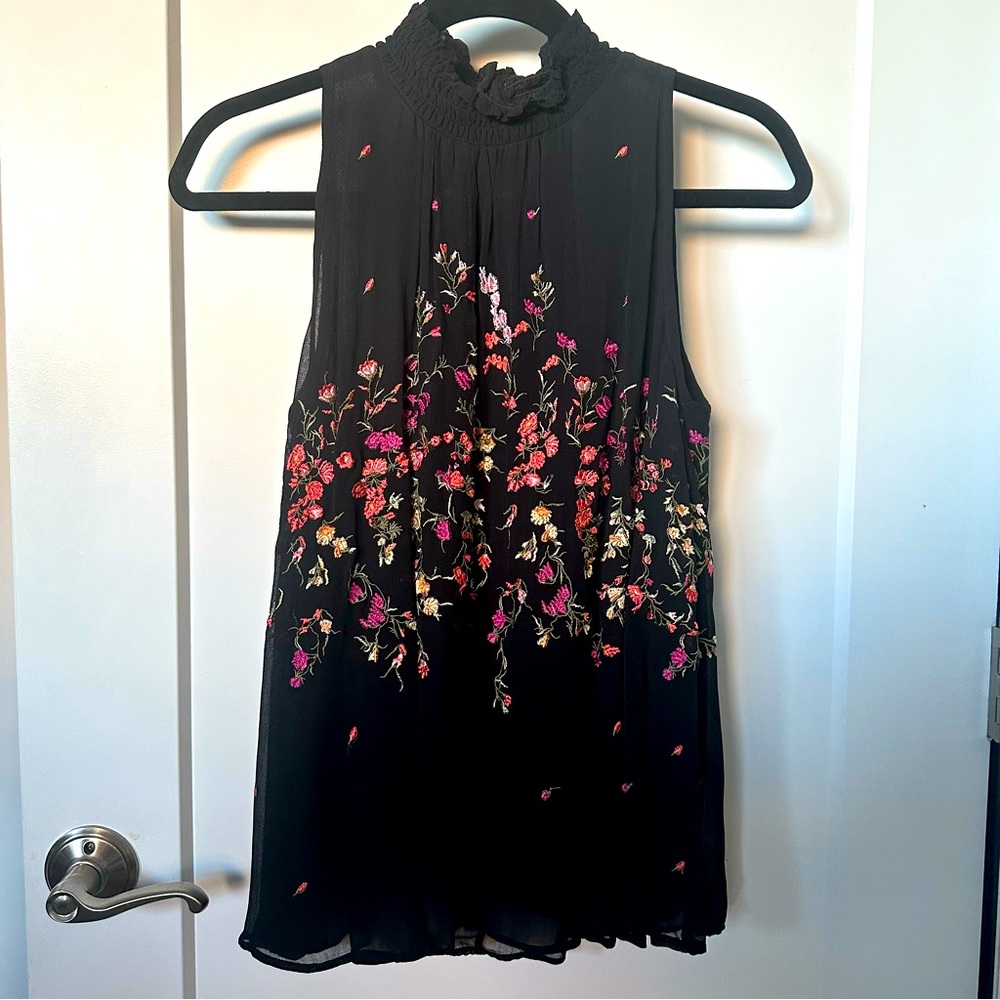 Anthropologie Embroidered Sleeveless Top Black Mock Neck NEW
